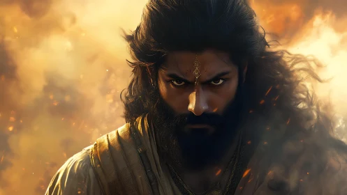 Warrior portrait in blazing golden smoke and embers.