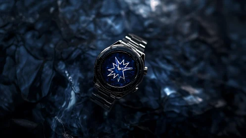 Luxury steel watch floats above shimmering dark texture.