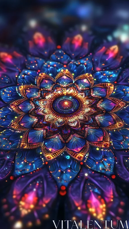 Radiant cosmic mandala glows with luminous jeweled petals