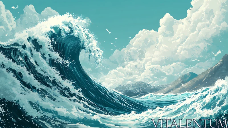 Dynamic turquoise wave cresting before sunlit coastal cliffs.