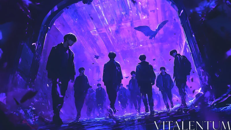 Silhouetted youths traverse neon-violet tunnel in cinematic backlight