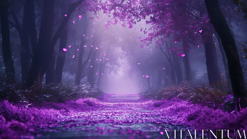 Mystical forest corridor with bioluminescent magenta foliage and atmospheric light