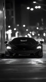 Midnight supercar poised under soft city bokeh lights.