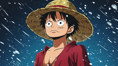 Straw hat anime character standing in snowfall at night.