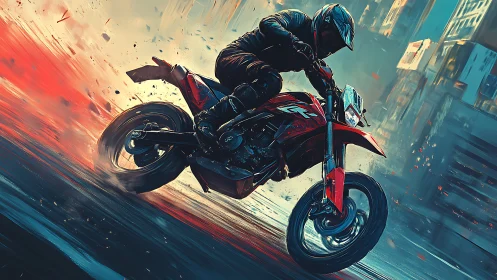 Midnight city rider carving sparks through neon streets.