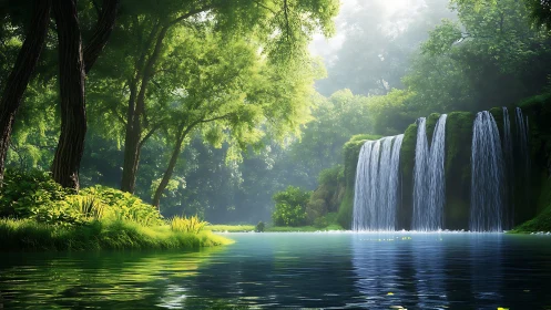 Tranquil Waterfall Haven Among Ancient Trees.
