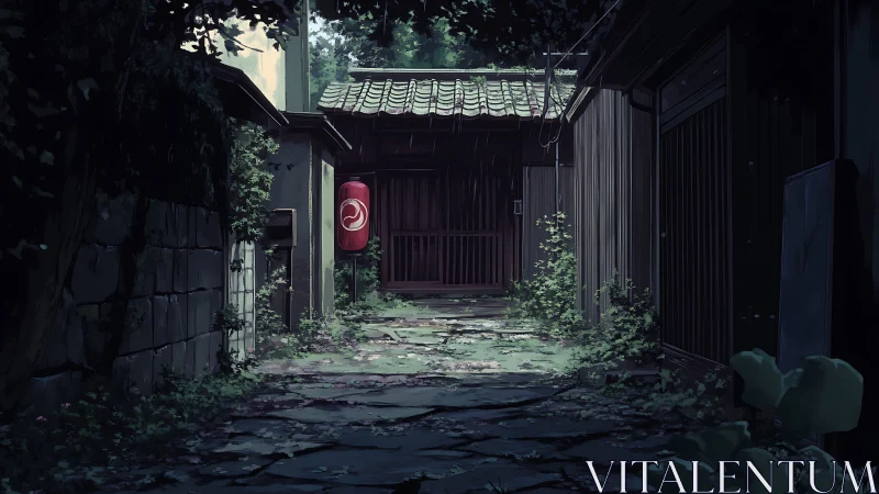 Narrow stone alley leads to wooden gate with red lantern