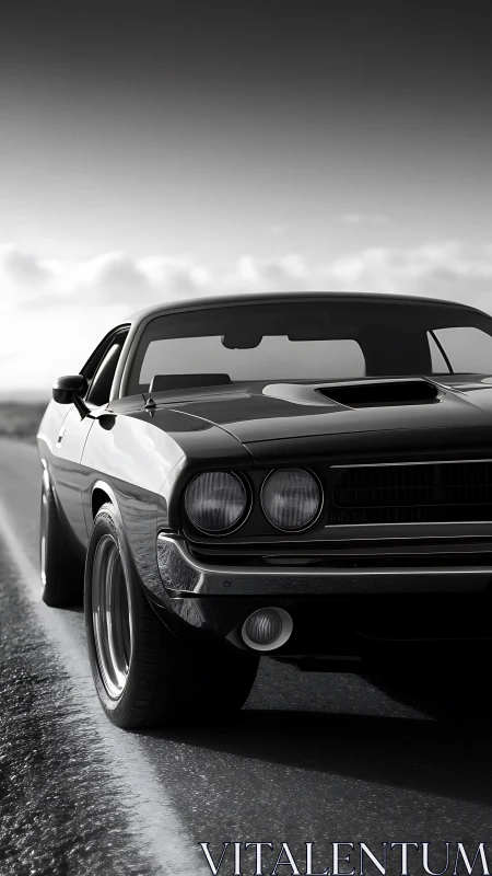 Classic muscle car cruising a quiet open highway at dawn.