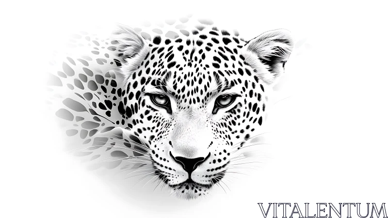 Monochrome leopard portrait with abstract dissolving pattern.