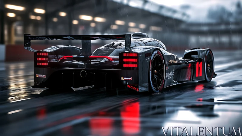 Rain-soaked race car glowing on a reflective night track.