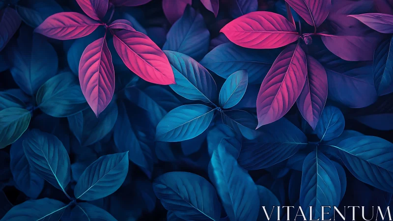 Neon leaves drift through midnight blues and magenta hush.