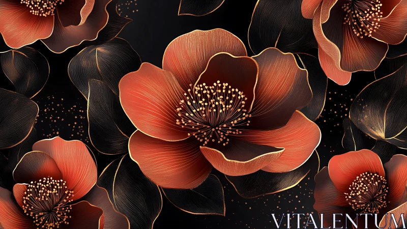 Red and black flowers with golden accents on dark background