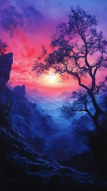 Dreamy twilight valley with glowing sun and misty hills.