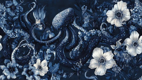 Octopus and blossoms entwine in deep indigo fantasy seascape.
