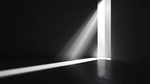 Sharp light beam cuts through minimal dark interior space.