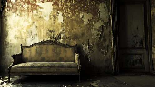 Antique sofa rests in a dim, decaying interior setting.