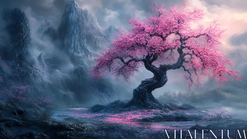 Ethereal cherry tree glowing in misty blue mountainscape.