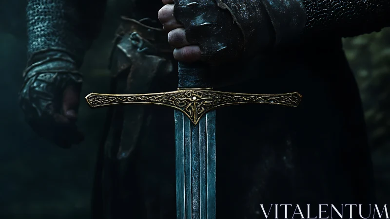 Armored gauntlet gripping ornate golden crossguard longsword.