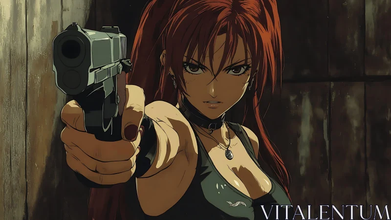Red-haired gunfighter in close-up anime action framing.