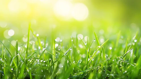 Macro lawn blades with dewdrops in luminous bokeh field.