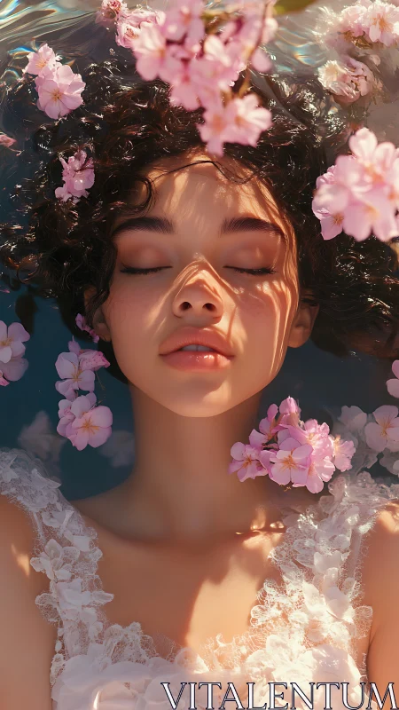 Young woman floating in water with pink cherry blossoms.