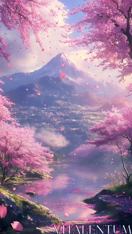 Cherry blossom valley framing snow peak at pastel sunrise.