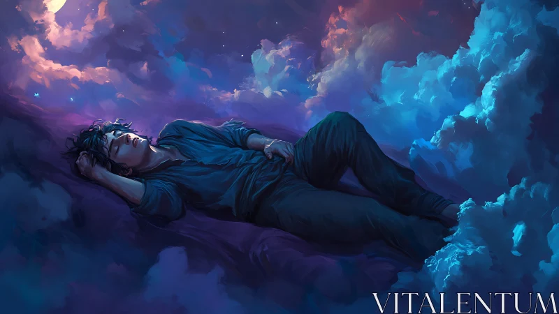 Sleeping figure floating in colorful luminous clouds