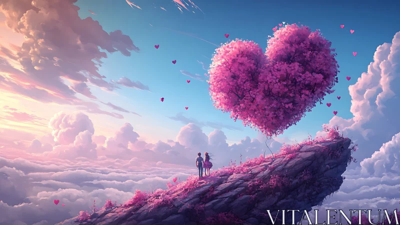 Heart-Shaped Tree Floats Above Cloud Cliffs in Dreamy Sky.