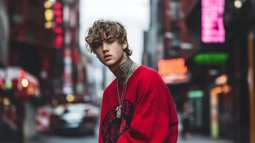 Brooding street portrait captures urban neon energy at dusk