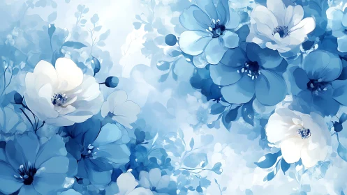 Blue and White Floral Composition Digital Painting.