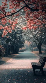 Watercolor park avenue beneath blooming cherry canopy.