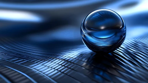 Shiny Glass Sphere on Abstract Blue Metallic Waves, Digital Art.