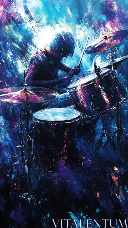 Silhouetted drummer at kit in abstract blue light field.