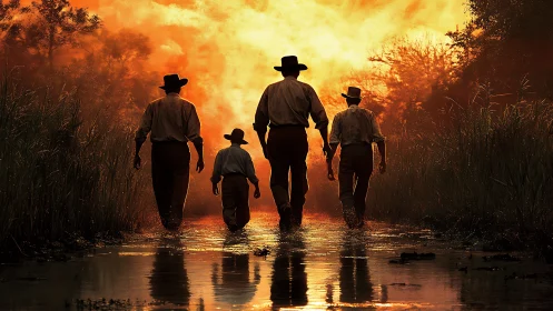 Silhouetted figures wading through wetland at orange sunset.