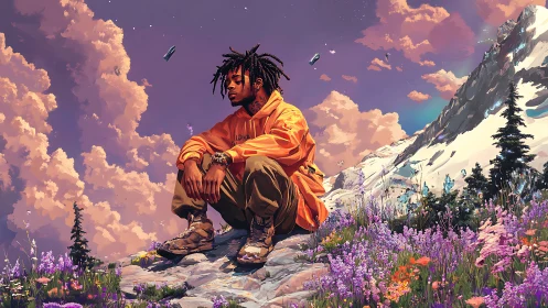 Man in orange jacket sits on rocky alpine slope among flowers