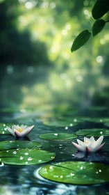 Sunlit water lilies float gently on a tranquil forest pond