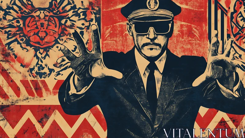 Officer figure in uniform with raised hands on patterned field.