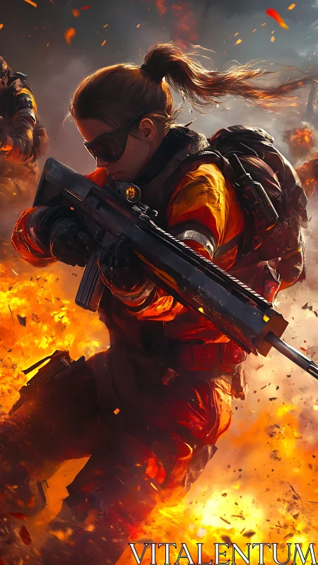 Combat specialist storms burning battlefield in flames