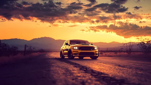 Muscle car cuts through desert highway under blazing sunset