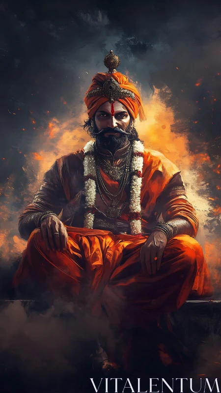 Regal warrior in glowing orange robes amid rising embers.