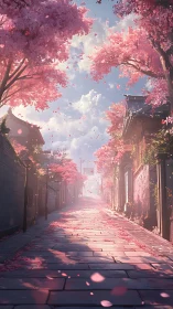 Sunlit cherry blossom street under drifting spring petals.