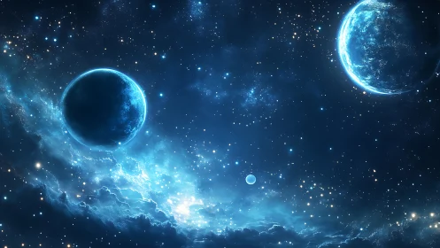 Twin blue planets glow above dense luminous starfield