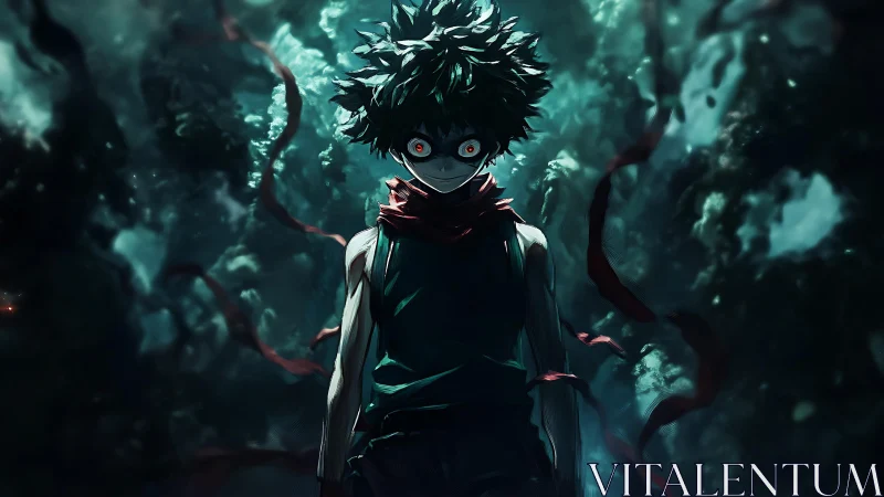 Storm-lit vigil of a determined young hero in shadows.