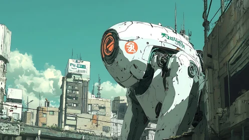 White quadruped robot stands in decayed urban cityscape