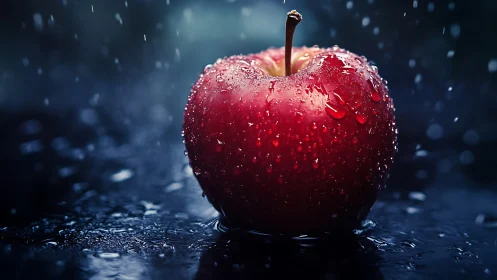 Rain-drenched crimson apple crowned in cinematic night glow.