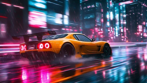 Orange sports car moves through wet neon city street at night