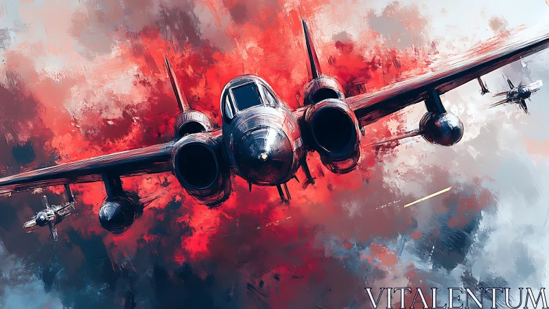 Jet assault soaring through crimson storm clouds.