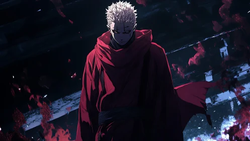 White haired figure in red cloak stands in dark burning space