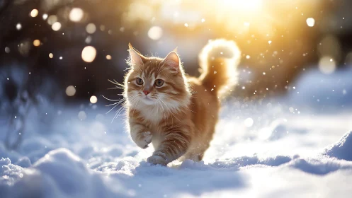 Tabby kitten navigating snow terrain under golden sunlight