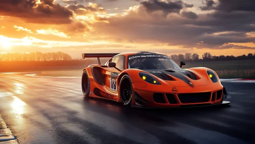 Orange GT race car on wet circuit at low sun period.